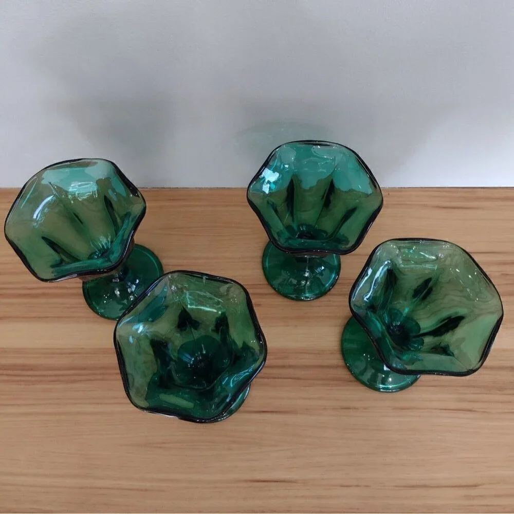 Vintage (4) Anchor Hocking Emerald Green Glass Ice Cream Dishes Tulip Footed